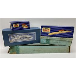 Hornby Dublo - wooden D1 Main Line Station and D1 Goods Depot, both in pale blue boxes; die-cast D1 Through Station in plain blue box; die-cast D1 Island Platform and D1 Signal Cabin, both in blue striped boxes (5)