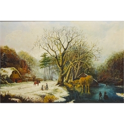  Winter Rural Scene, with Figures on the Frozen Lake, 20th century oil on canvas indistinctly signed 49cm x 74cm  