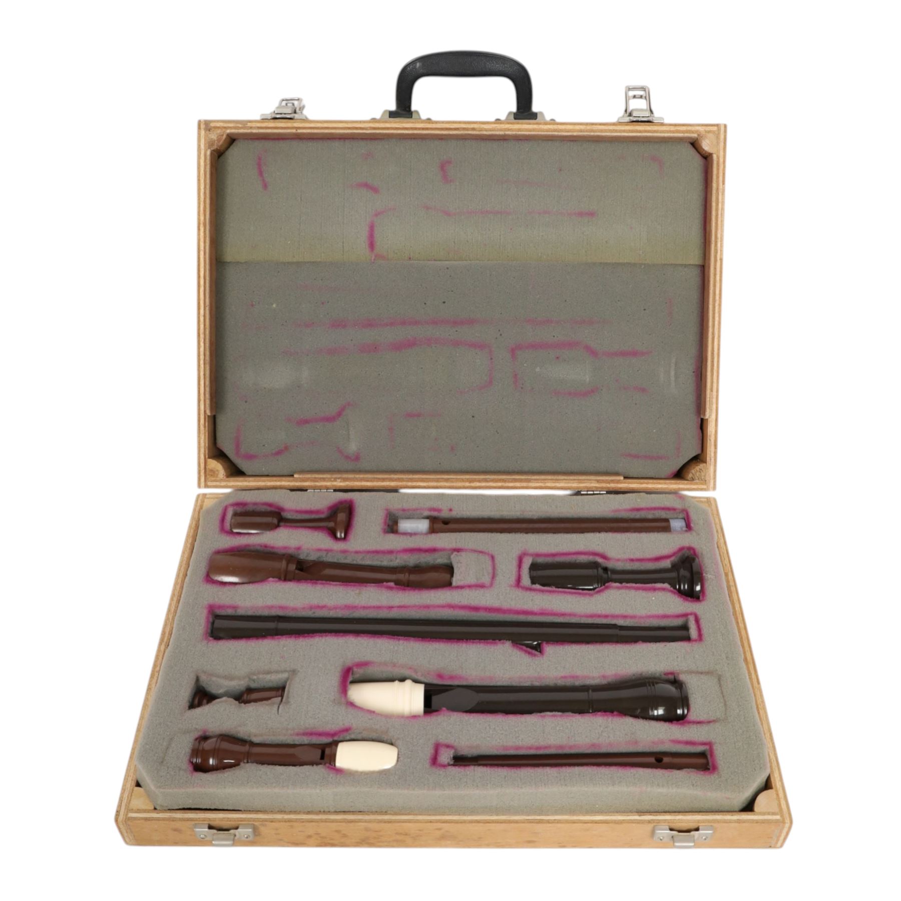 Three Dolmetsch recorders, comprising Dolmetsch International Tenor recorder, Dolmetsch Dolonite Treble recorder and a Dolmetsch International Descant recorder, all contained in a matched wooden case