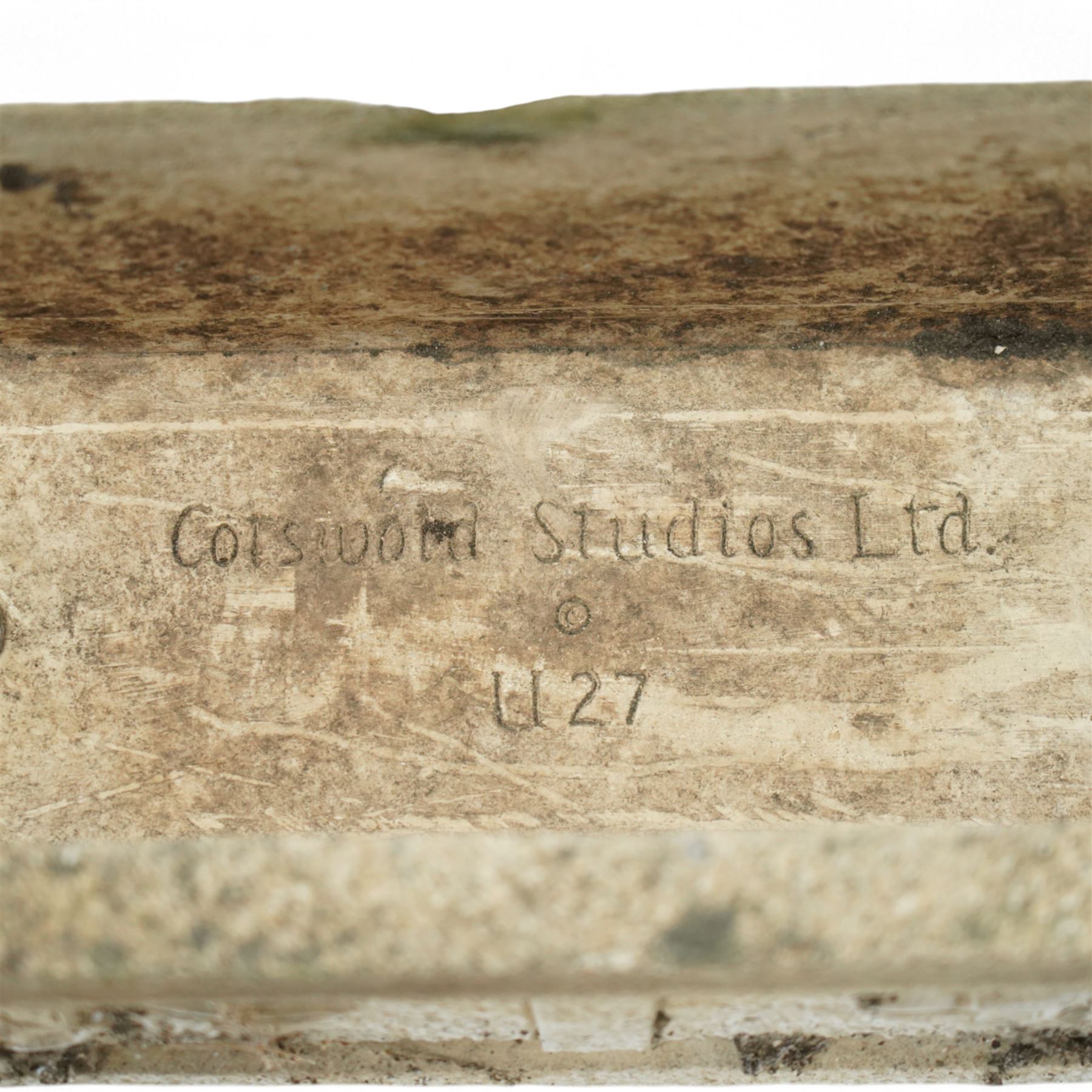 Cotswold Studios - set of three cast stone garden planters, comprising a rectangular trough with rose decoration (H 18cm, D 21cm, W 61cm) and two round pots with stylised floral and ropework borders (H 24cm, D 34cm)