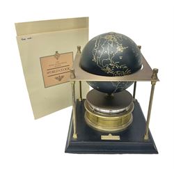 1980 Franklin Mint Royal Geographical Society World Clock with eight day movement indicating current time anywhere around the globe, with certificate 