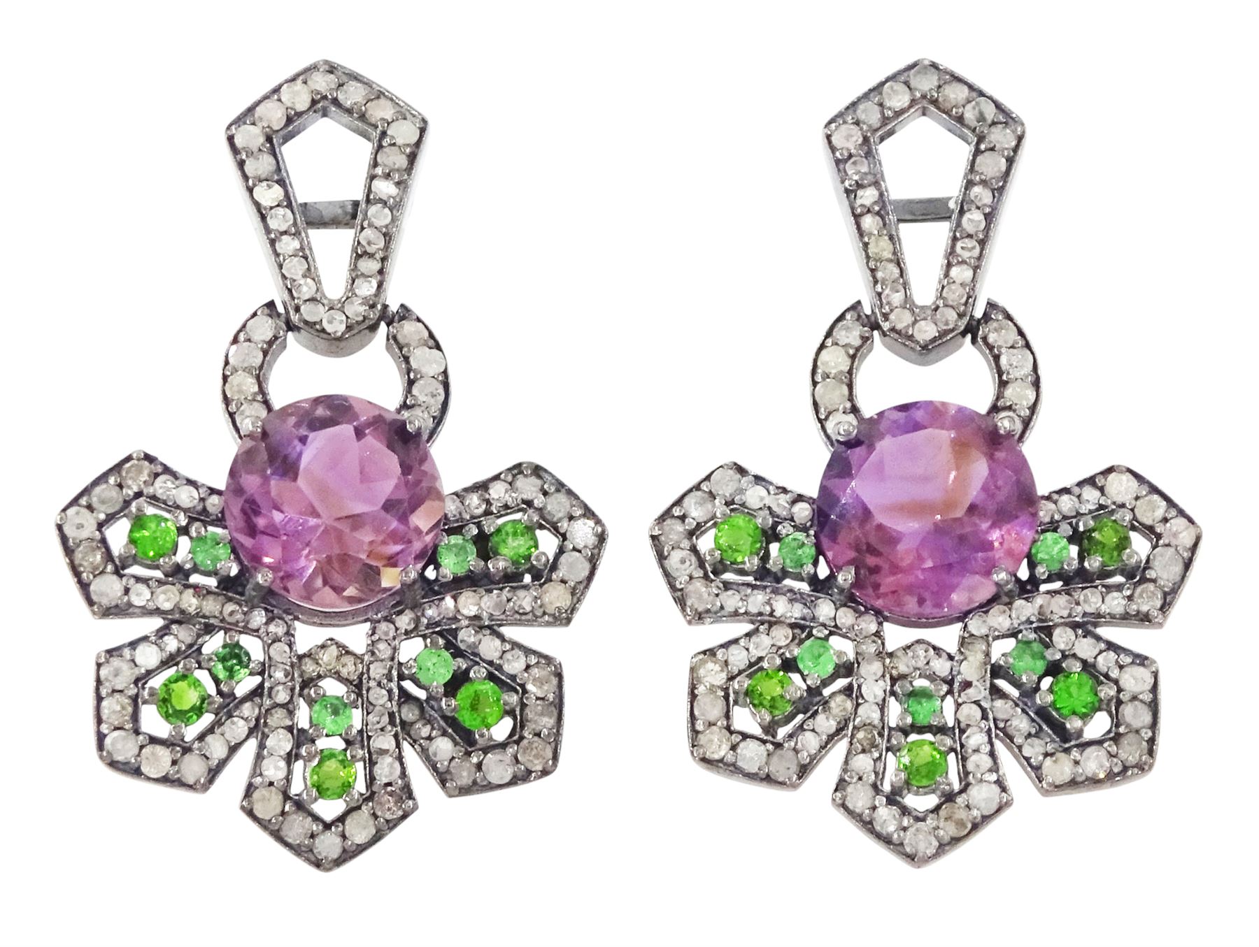 Pair of silver black rhodium plated amethyst, chrome diopside and diamond geometric earrings, each stud with a round brilliant cut amethyst, surrounded by diopsides and diamonds, suspending from a diamond set bail, total amethyst weight approx 5.00 carat, total diopside weight approx 1.00 carat, total diamond weight approx 1.85 carat