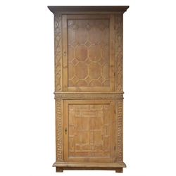  Georgian stripped pine floor standing corner cupboard, panelled doors with geometric moulding, Greek key upright decoration, W105cm, H220cm  
