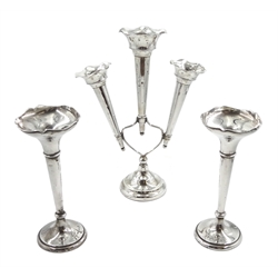 Edwardian silver three branch epergne by Cohen & Charles, Birmingham 1909 and two other silver specimen vases by Sydney & Co, Birmingham 1915