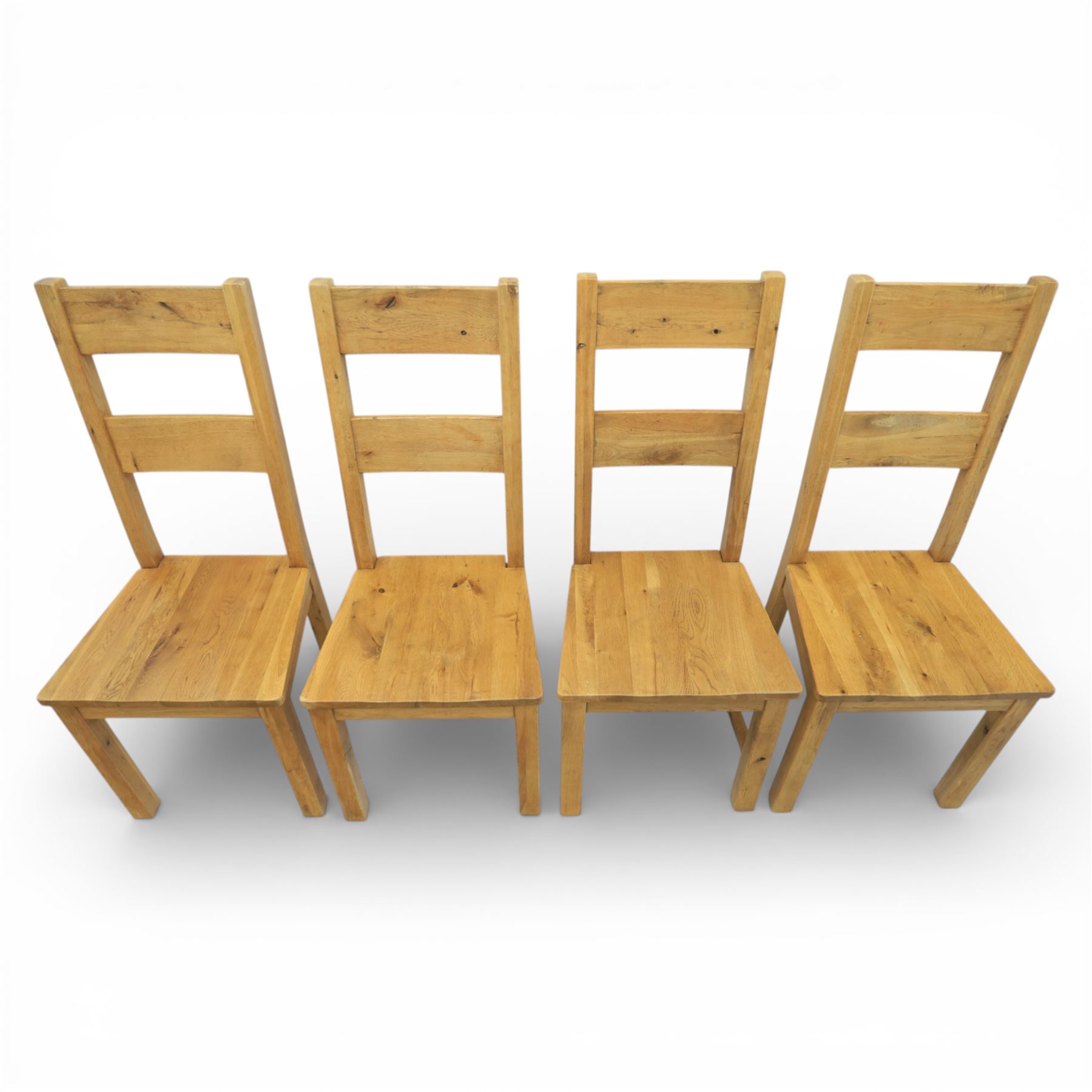 Modern light oak rectangular dining table, and eight high back chairs, stowable leaves extending to 270cm