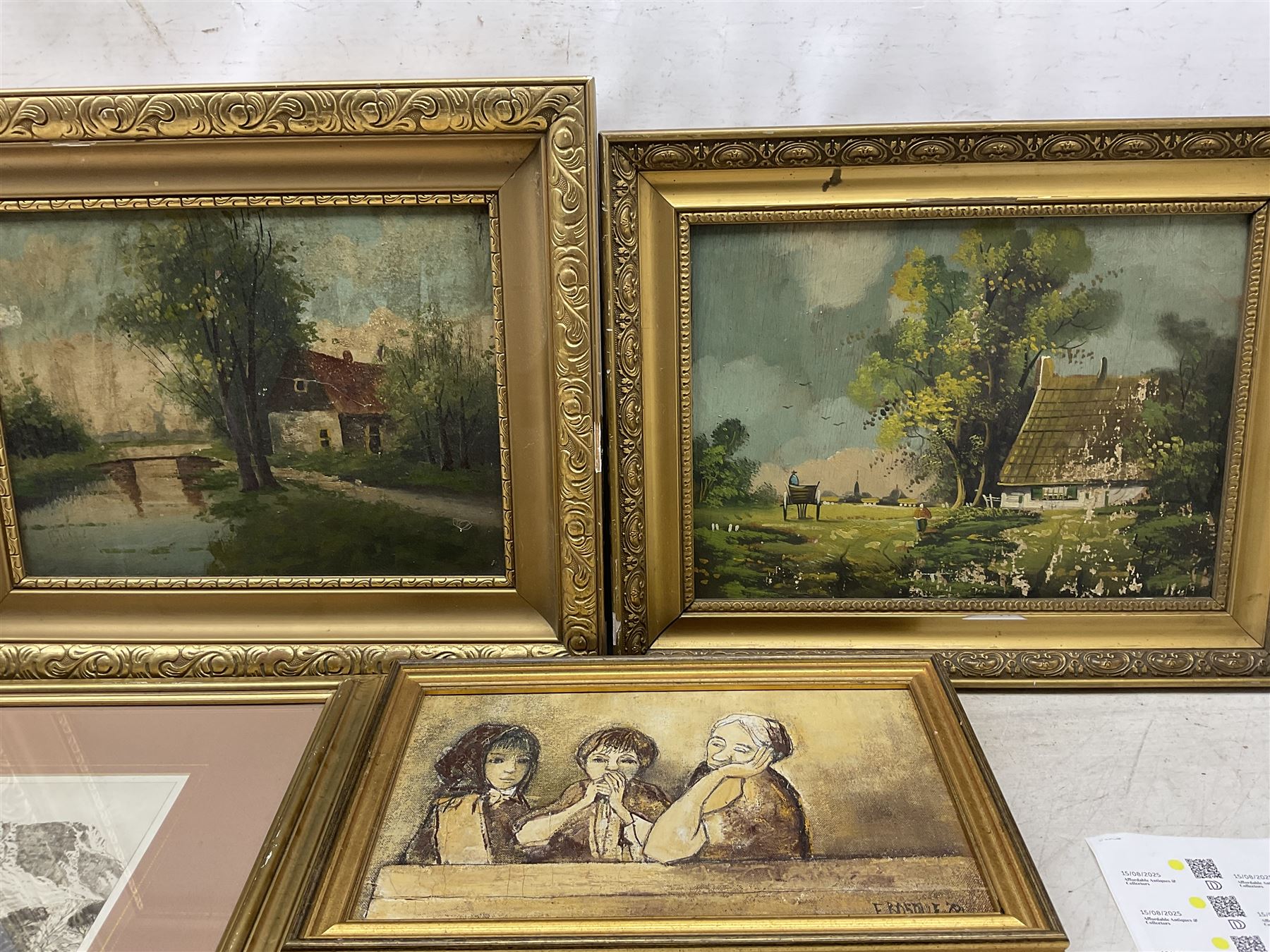 Three oil paintings and two etchings, faintly or indistinctly signed, largest 28cm x 39cm (5)