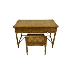 Mid to late 20th century bamboo and cane dressing table, fitted with two drawers, together with a matching low back stool 