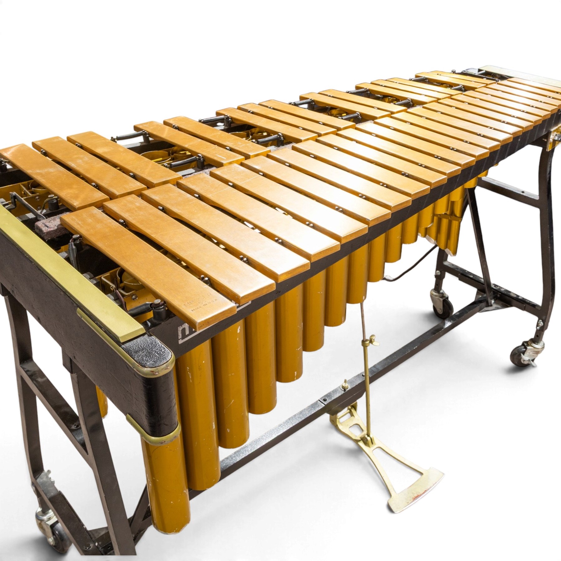 Musser M55 Pro-Vibe vibraphone, serial no. B01228, with gold-finished aluminium bars, motorised resonators, sustain pedal and folding frame, with transformer, in black mushroom covers