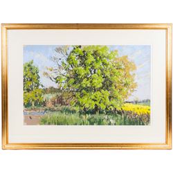 Angus Bernard Rands (British 1922-1985): Village Haystacks and Trees, three pastels signed, largest 44cm x 70cm (3)