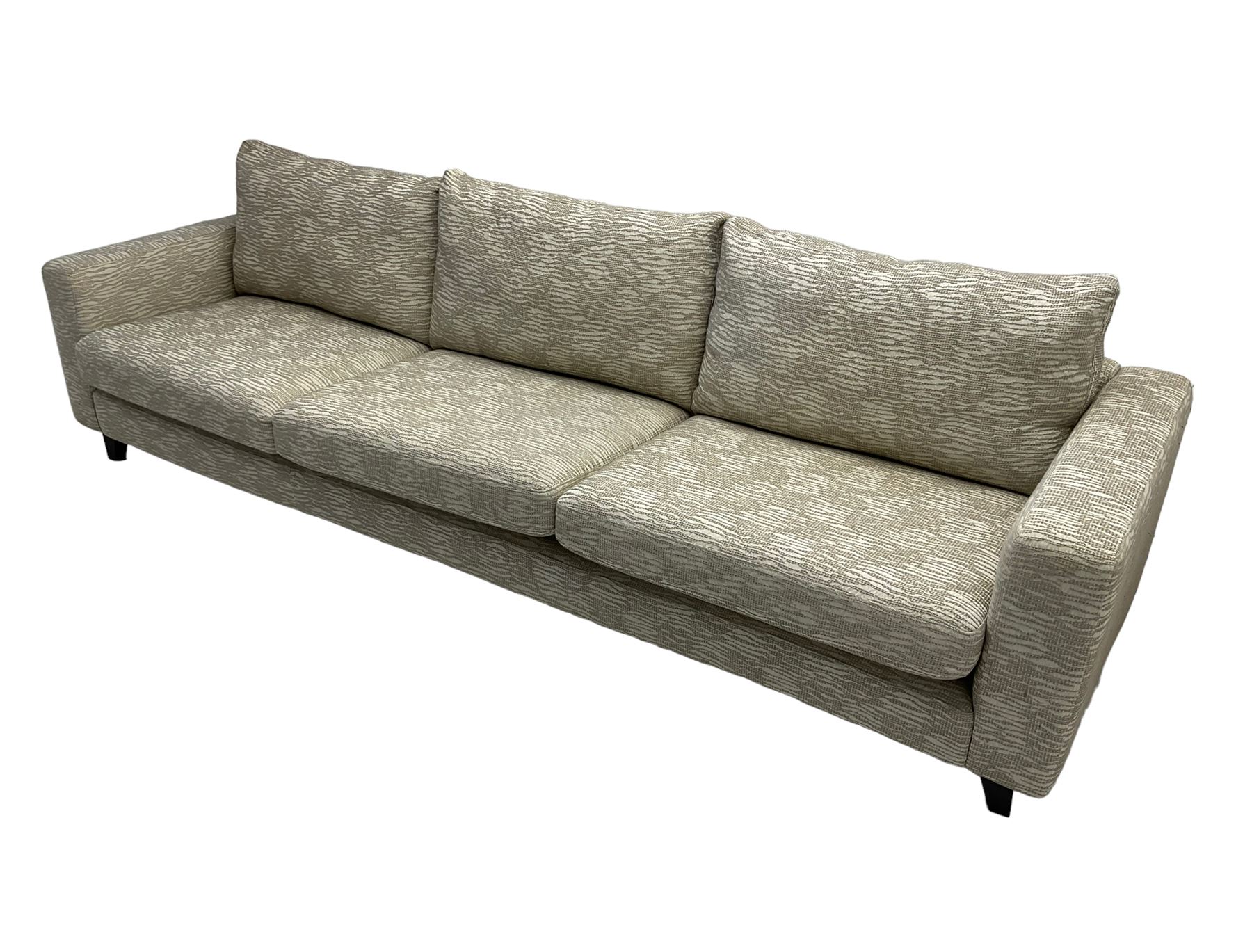 Orior - contemporary large three seat sofa, upholstered in patterned textured fabric on ebonised splayed feet