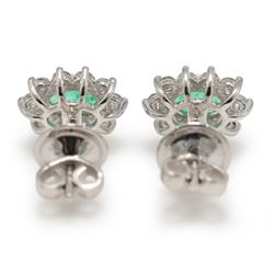 Pair of 18ct white gold emerald and diamond cluster earrings, each stud set with a single oval cut emerald surrounded by round brilliant cut diamonds, stamped, total emerald weight approx 0.75 carat, total diamond weight approx 0.55 carat