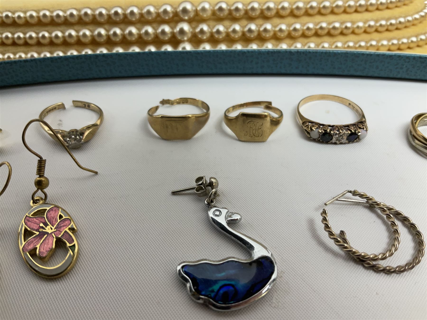 Two gold signet rings and a sapphire, opal and diamond ring, single stone diamond ring, pair of gold stone set earrings and other gold earrings, all 9ct stamped or hallmarked, silver earrings and other costume jewellery
