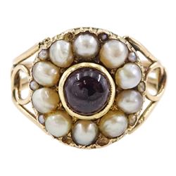 George III 9ct rose gold garnet and pearl mourning ring, single cabochon garnet, with split and seed pearl surround and pierced design shoulders, the back inscribed and dated 1808