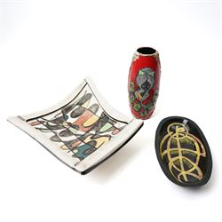 Studio pottery comport by Sarah J Crouch aka Poppxi, W40cm; a mid-century slipware tray, u...