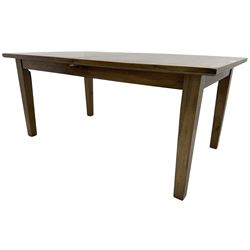 Contemporary elm extending dining table, pull-out extending action rectangular top with additional leaf, on square tapering supports