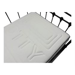 Contemporary Victorian revival black metal day bed, featuring arched back and sides with turned finials and spindle rails, complete with single 'OTTO' mattress