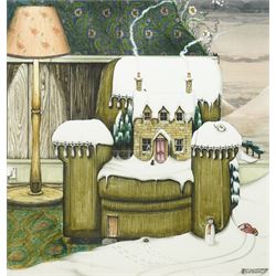 Colin Thompson (British/Australian 1942-): House in Snow on Armchair Illustration, ink and...