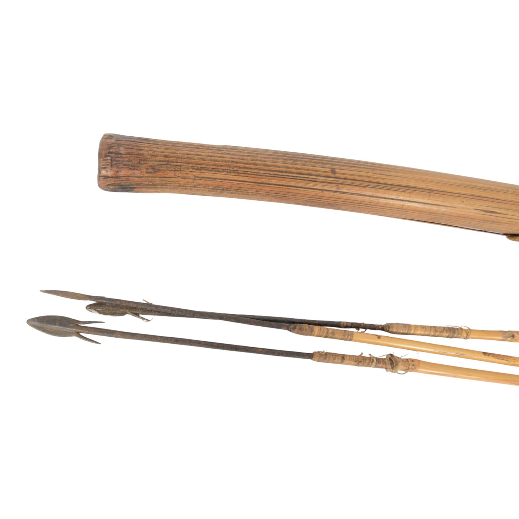 South American Indian carrying bag for blow pipe darts, together with African quiver with three barbed arrows