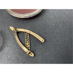 9ct gold jewellery including leaf brooch, wishbone Mizpah brooch, carnelian brooch, gold cased ladies Omega wristwatch, on leather strap and gold cased ladies Tissot wristwatch on expanding gilt strap, together with silver brooches and a Czech paste buckle, etc