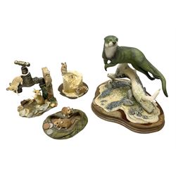 Border Fine Arts, swimming otter, together with three country artists figures, mice on candle stick, mice on garden tap, mice in cap, otter H26cm
