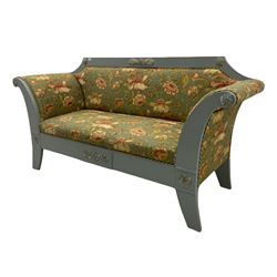 French empire style settee upholstered in 'Leighton' by Margarita Cushing floral fabric, grey painted and gilt frame