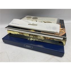 The Royal Mint United Kingdom 2005 proof coin set, with certificate, 2009 'Henry VIII' brilliant uncirculated fine pound coin, 2010 brilliant uncirculated coin collection, 2015 'The Fourth and Fifth Circulating Coinage Portrait Collection', and 'Farewell and Nations of the Crown UK' one pound brilliant uncirculated two coin set, all cased or in card folders