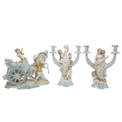 Large continental bisque group of a chariot with horse and two figures 30cm x 31cm and a p...