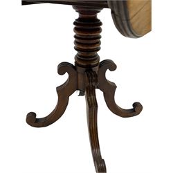 Georgian mahogany pedestal table, drop leaf top, two drawers, quatrefoil base