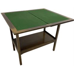 Early 20th century oak card table, fold-over and swivel rectangular top with baize lining, square supports united by undertier 