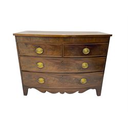 19th century walnut and mahogany bow front chest, fitted with two short and two long drawers with cockbeading and figured fronts, shaped apron with tapered supports