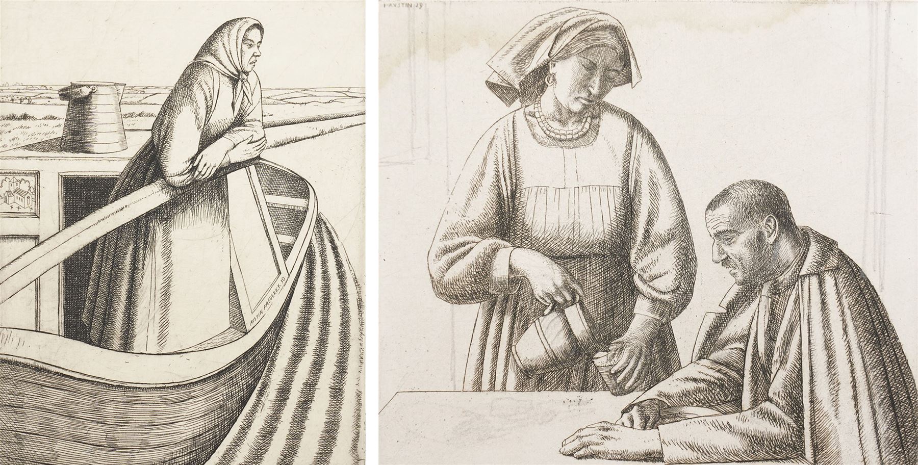 Frederick George Austin (British 1902-1990): A Woman on her Houseboat and  The Tavern Maid and Patron, two drypoint etchings signed in the plate and inscribed in pencil max  14cm x 11cm (2) (unframed) 
Provenance: direct from the granddaughter of the artist