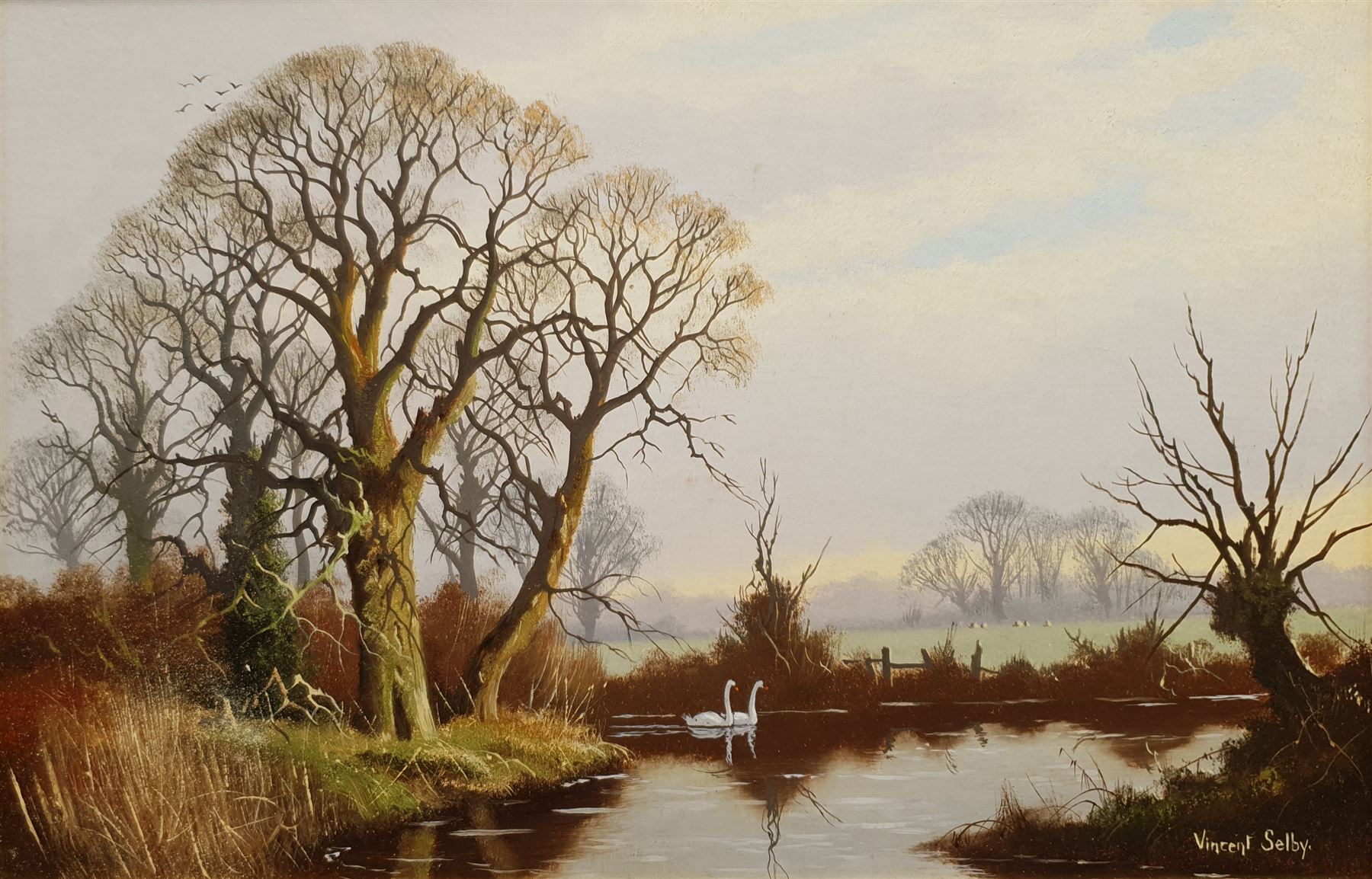 Vincent Selby (British 1919-2004): Swans on the Lake, oil on panel signed 24cm x 36cm