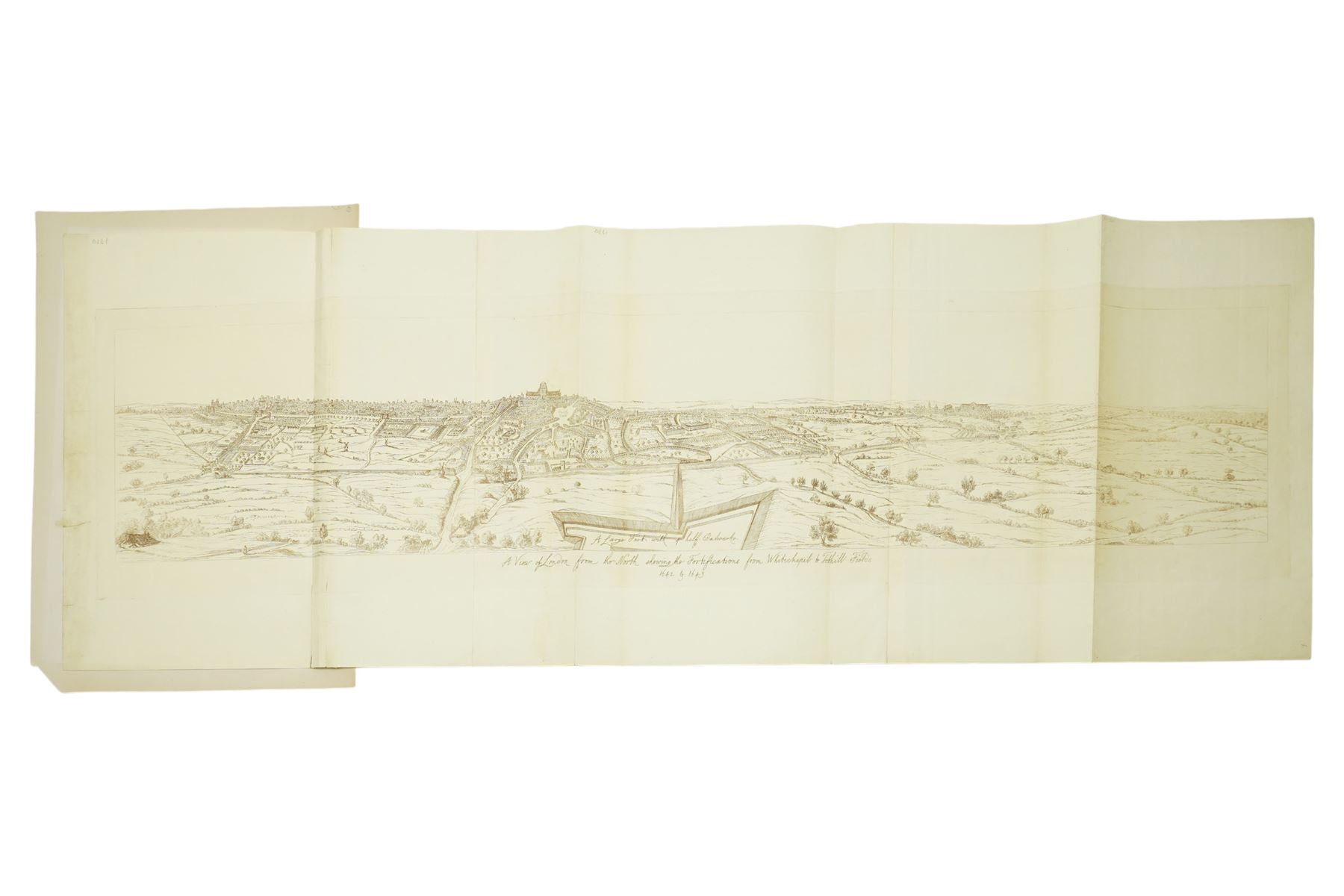 After Wenceslaus Hollar (17th century): ‘A View of London from the North, shewing the Fortifications from Whitechapel to Tothill Fields, 1642 & 1643’, large 19th-century lithographic facsimile on watermarked paper, folding panoramic sheet 38cm x 110cm (unframed)