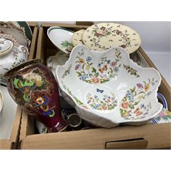 Quantity of Victorian and later ceramics to include tea wares, Royal Doulton plate, Crown Devon lustre vase, Minton dish, Coalport figure etc in two boxes