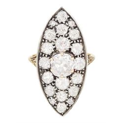 19th century 18ct gold and silver diamond marquise shaped cluster ring, the principal old cut cushion cut diamond of 1.15 carat, in a six claw setting, with pave set old cut diamond surround of 3.28 carat, pierced scroll design gallery and fleur-de-lis shoulders, French (Paris) import mark, total diamond weight 4.43 carat, with IGI report
