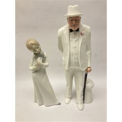 Six Royal Doulton figures, including Sir Winston Churchill HN3057, Peace HN2470, Lovers HN2762 etc, together with Lladro rabbit, and three Nao figures 