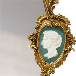 Contemporary Rococo revival style gilt overmantel mirror, shaped rectangular mirror plate with scrolling acanthus and rocaille frame, sides with inset Wedgwood style portrait plaques 