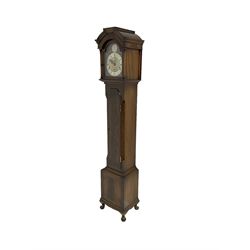 20th century Westminster chiming Grandmother clock - Mahogany case with a three train Elliot movement, brass dial and silvered chapter with roman numerals and minute track, sounding the quarters on 4 gong rods. with pendulum.