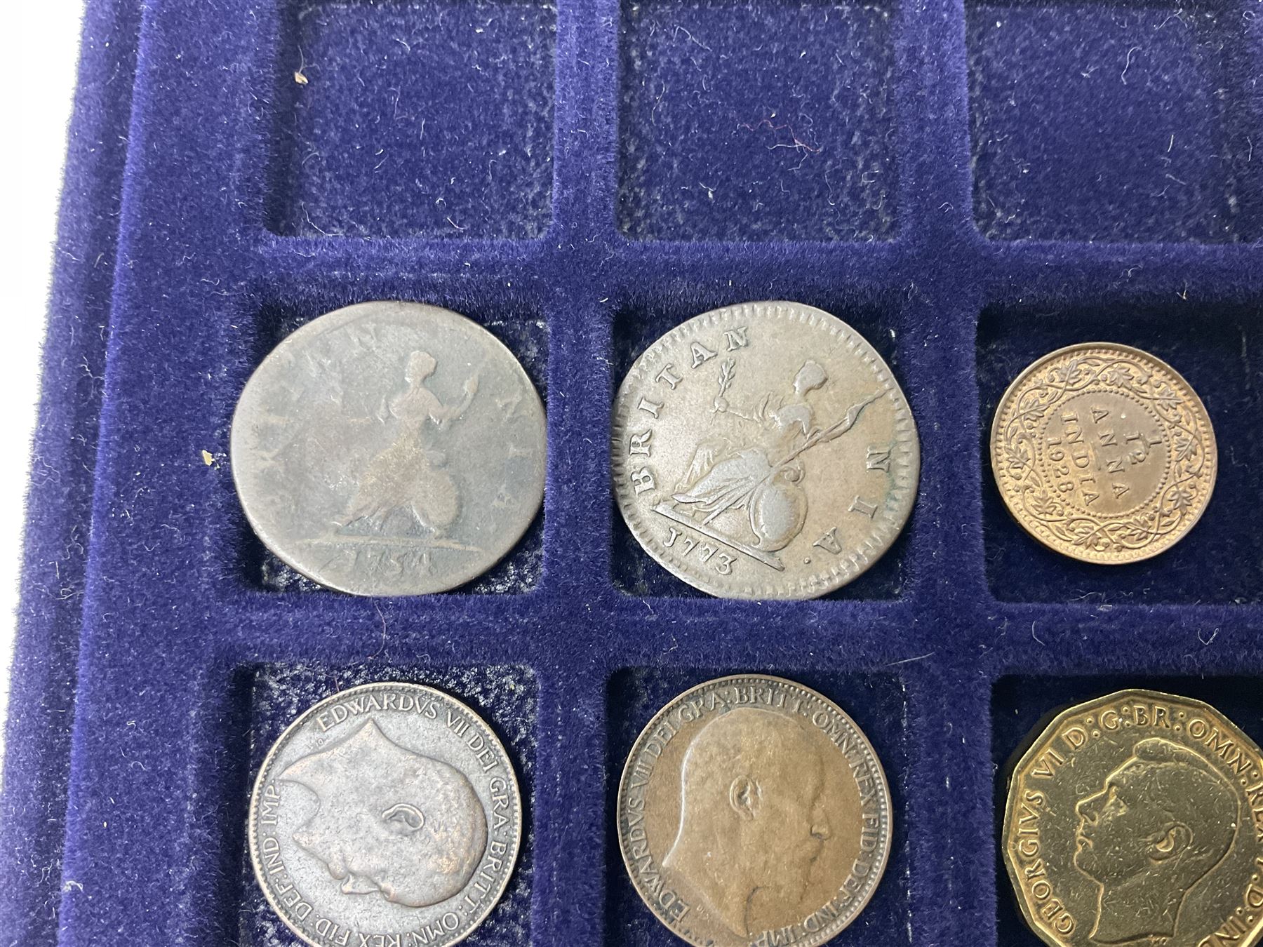 Commemorative, fantasy and other coinage, including George II 1754 farthing, George III 1773 farthing, cartwheel penny and cartwheel two pence, Queen Victoria Canada 1886 twenty five cents, various commemorative crowns etc, housed in three blue coin trays