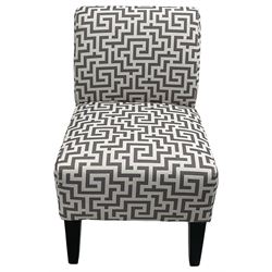 Bedroom chair upholstered in geometric fabric on black finish supports 