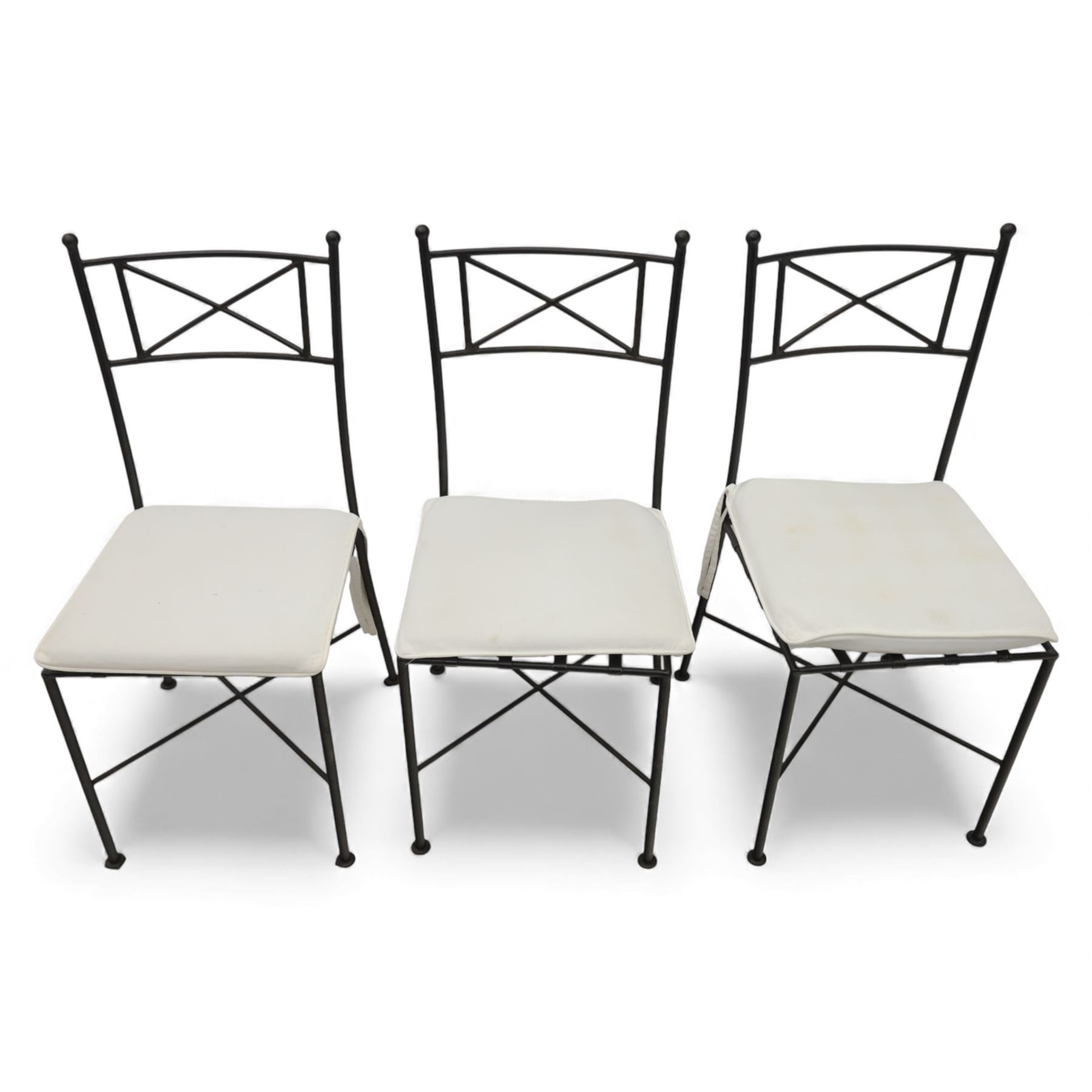 Modern metal and glass conservatory suite, comprising rectangular dining table with clear glass top and six matching metal framed chairs with upholstered seats, together with a matching glass topped coffee table
(Chairs H 92cm, W 42cm, Coffee table H 45cm, W 60cm)