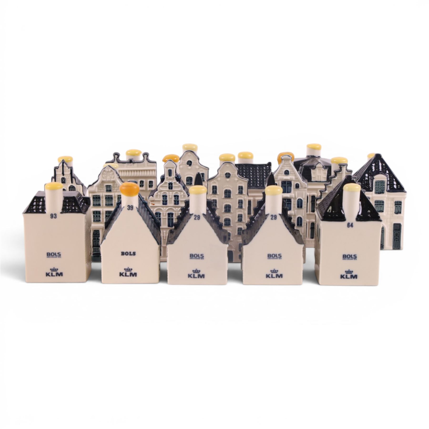 Sixteen  Blue Delft's KLM Airlines, Bols decanters, shaped as Dutch houses
