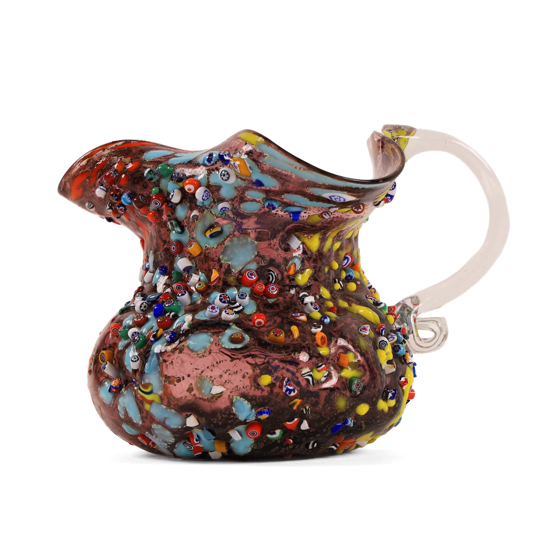 Two Murano Glass jugs by Zecchin, the fist decorated with millefiori design, upon a purple mottled ground, the other upon a green ground, H10cm