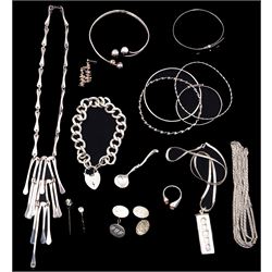 Silver jewellery including opal ring, bangle, fringe necklace, curb bracelet, bangles and earrings