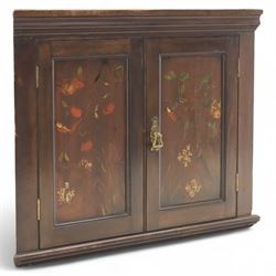 19th century painted oak corner cupboard, decorated with floral motifs, brass locking handle