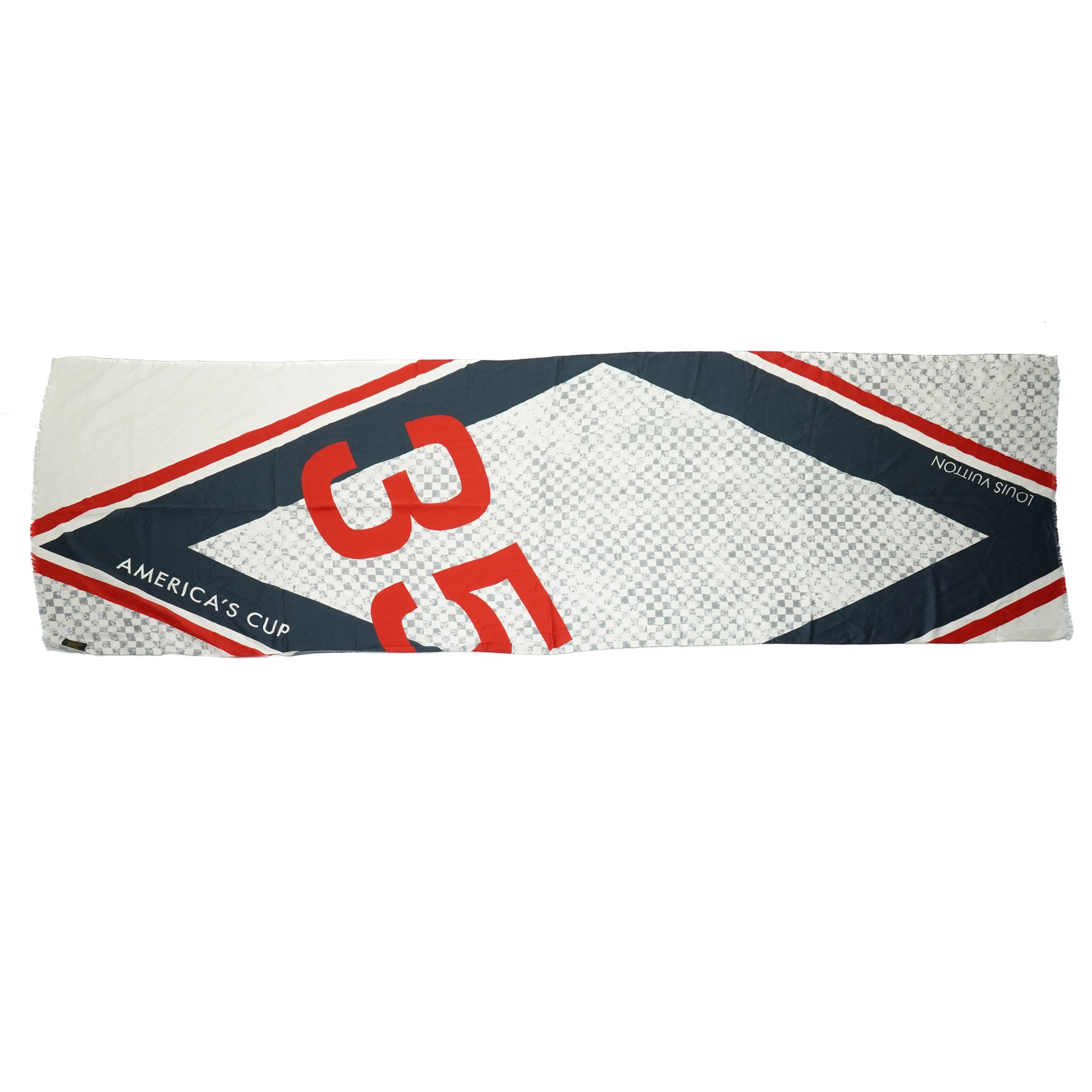 Louis Vuitton America’s Cup stole, the Damier-pattern ground with navy, red and white graphic panels, large ‘35’ motif and Louis Vuitton and America’s Cup lettering, fringed ends, label stamped Louis Vuitton Paris, 65% cotton and 35% silk, made in Italy, 201cm x 66cm