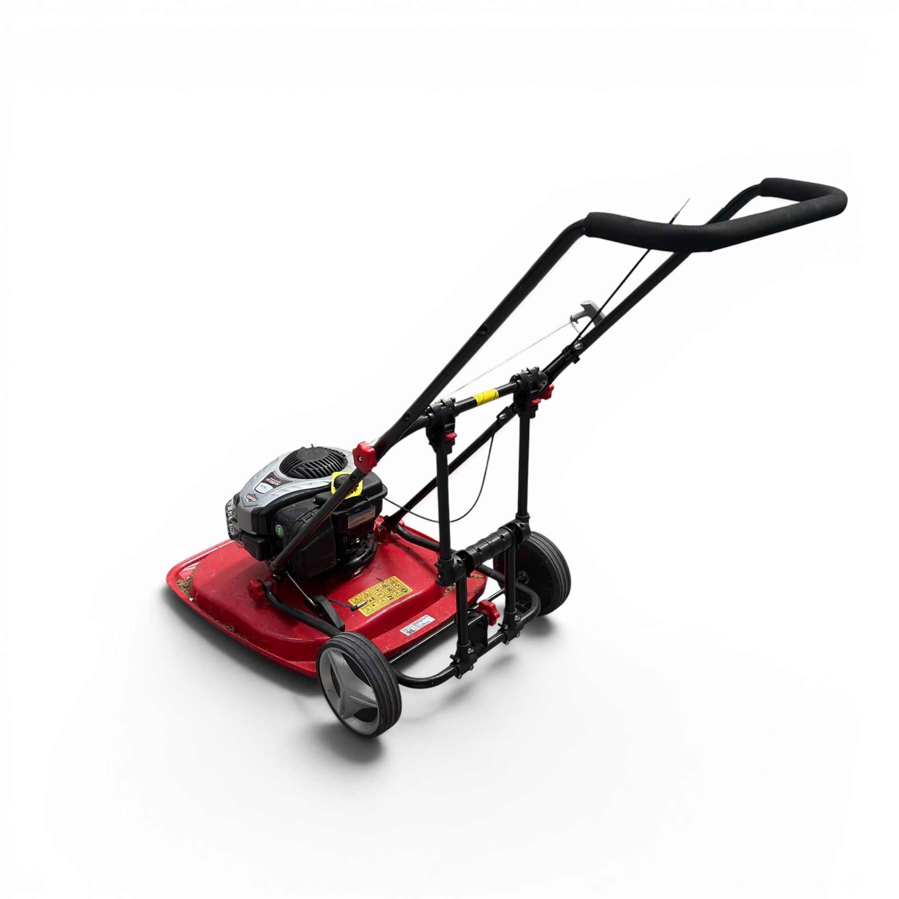 Cobra-  575ex petrol hover mower, with Briggs & Stratton engine, wheeled transport frame and red deck.