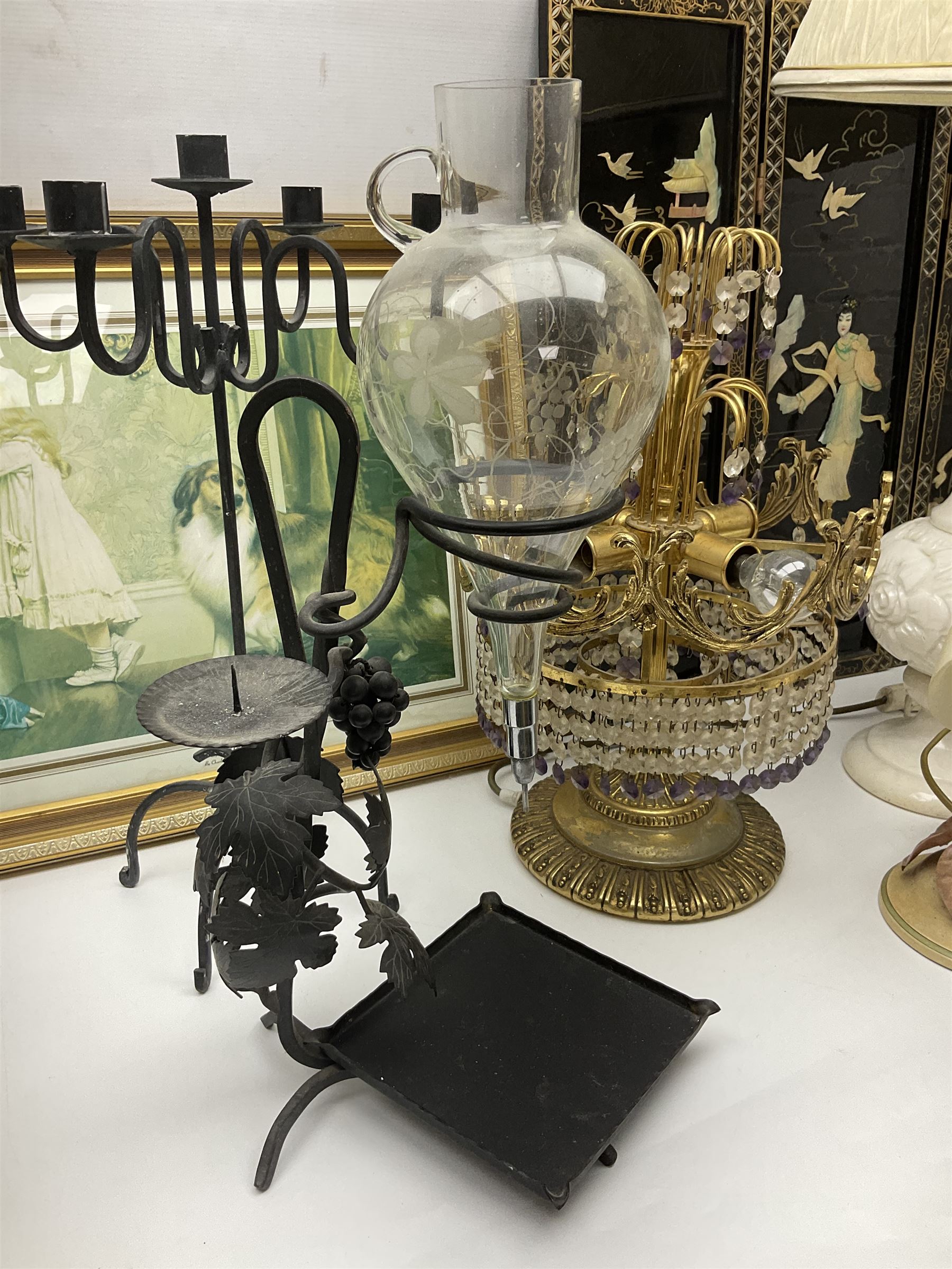 Soapstone table lamp, with carved floral stem, together with three other table lamps, metal candelabra and candlestick, Charles Burton Barber framed print and a Chinese table screen etc 