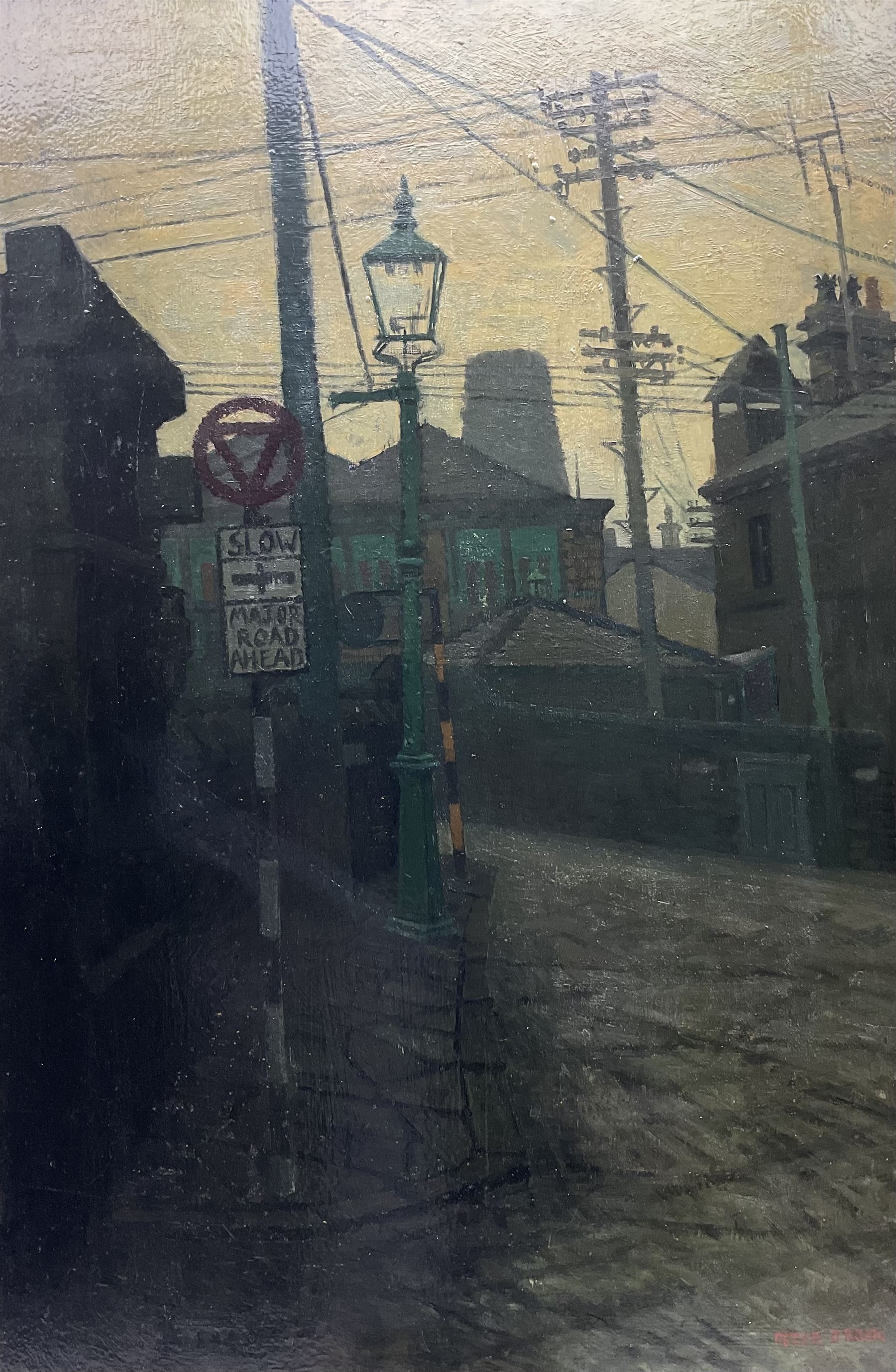 Peter Brook (Northern British 1927-2009): Telegraph Wires at the Road Junction, oil on board signed, dated by the artist c1955 on hand written verso 75cm x 50cm
Provenance: West Yorkshire dec'd estate; the deceased was good friends with the artist.