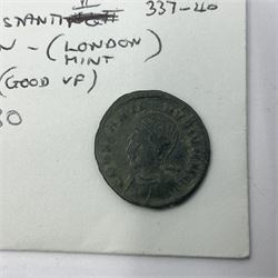 Three House of Constantine bronze coins to include Constantine the Great URBS ROMA; Crispus (AD 317-326) and Constantine II (AD 337-340), both PLON London mint, with small group of Roman etc metal detecting find coins (17) 